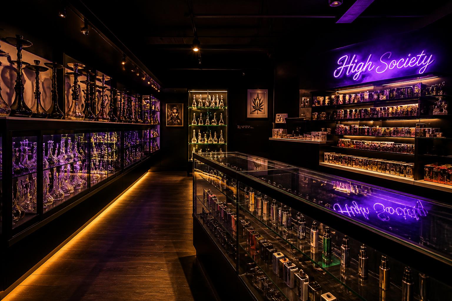 Interior of Mr. Perfecto Smoke shop in Albany with lit display cases of hookahs, glass and vapes